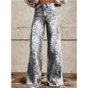 Fashion Women's Printed High Waist Loose Thin Imitation Denim Wide Leg Pants