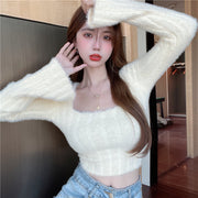 Pure Desire Style White Slim Fit Square Collar Bottoming Sweater