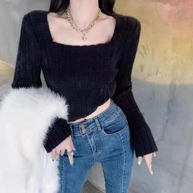 Pure Desire Style White Slim Fit Square Collar Bottoming Sweater