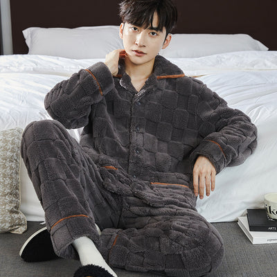 Pajamas Men's Jacquard Flannel Loose Fleece-lined Warm Loungewear