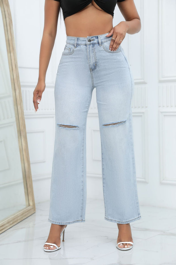 Elegant Ripped Wide-leg Jeans Women