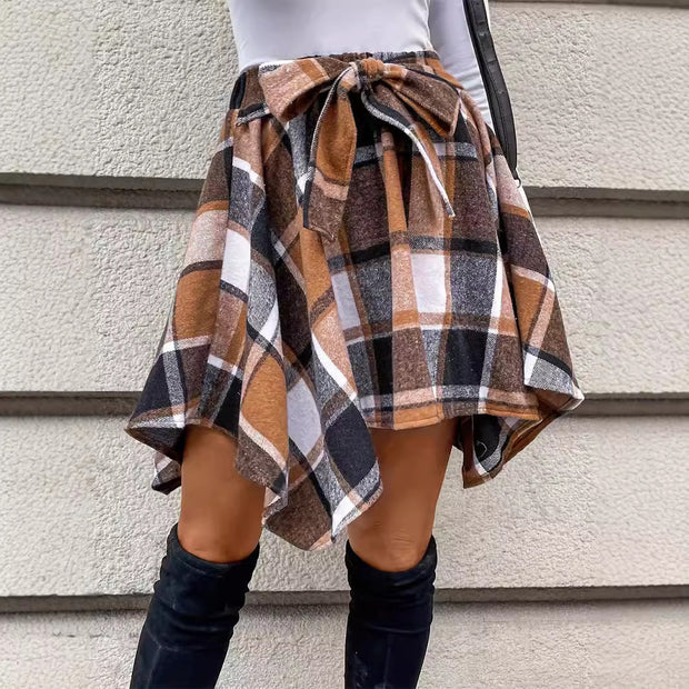 Women's Patchwork Plaid Belt Casual Short Skirt