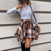 Women's Patchwork Plaid Belt Casual Short Skirt