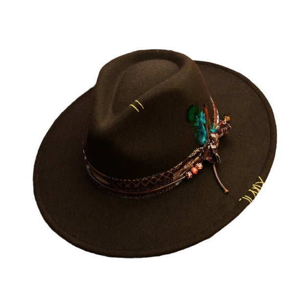 Western Original Design Manual Sewing Needle Woolen Felt Hat High-end And Fashionable Feather Model Fedora Hat