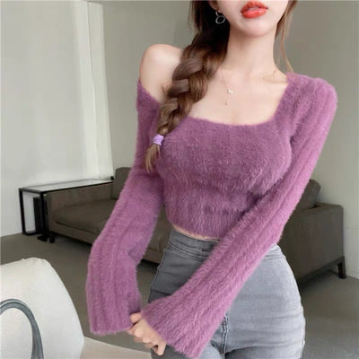 Pure Desire Style White Slim Fit Square Collar Bottoming Sweater