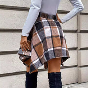 Women's Patchwork Plaid Belt Casual Short Skirt