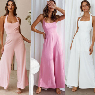 Women's Pure Color Halter Backless Wide Leg Leisure Jumpsuit