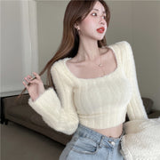 Pure Desire Style White Slim Fit Square Collar Bottoming Sweater