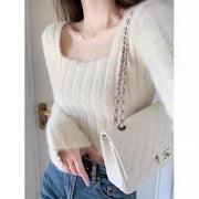 Pure Desire Style White Slim Fit Square Collar Bottoming Sweater