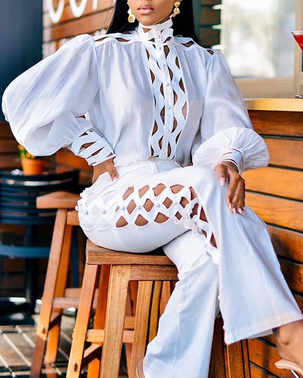 Lace Shirt White Long Sleeve Solid Color Blouse And Pants